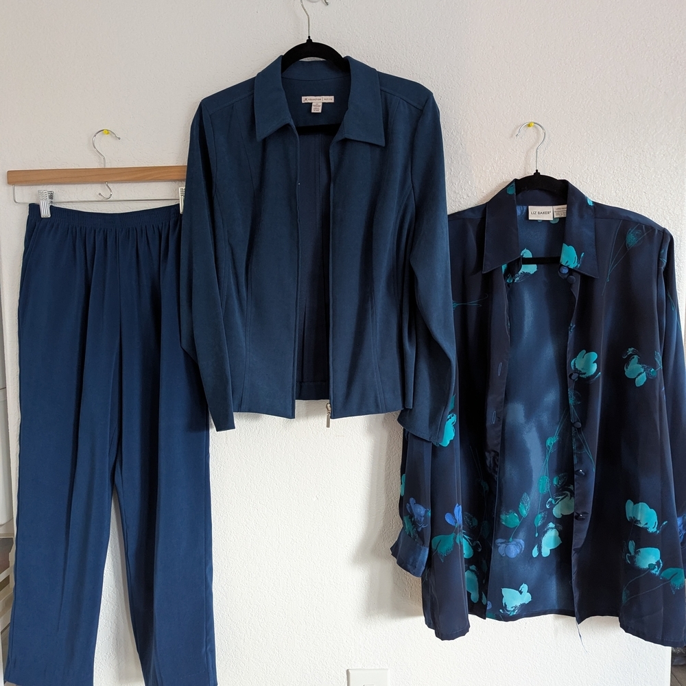 Women's Dark Blue Jacket, Pants, and Blouse 3-piece Set